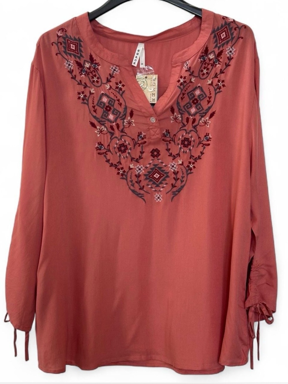 Roper Embroidered Western Peasant Blouse Women’s 2X Rust Boho Aztec Top